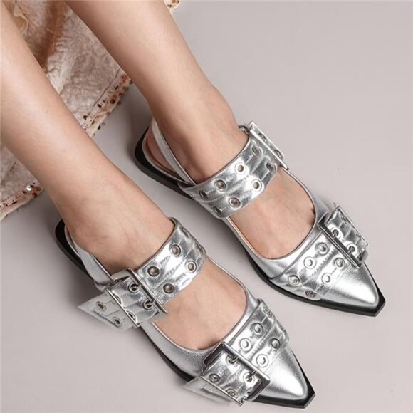 NEW - Women's‎ Buckle Ballet Flats, Wide Welt Stud Slingback, Pointed Toe - Picture 2 of 7